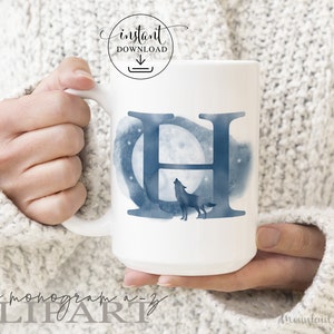 Lettres monogrammes de A à Z - aquarelle loup solitaire (gratuit pour usage commercial inclus)