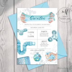 May include: A blue and white birthday party invitation for a boy named Quinten. The invitation features a variety of popular fidget toys, including slime, a pop-it, a fidget spinner, and a slinky. The party is being held at Fun Kids Zone on Saturday, June 8th from 3:45 PM to 5:45 PM. RSVP by May 1st to Janine Wilson at 604-233-2555.