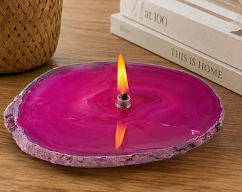 Vela de aceite de ágata rosa hecha a mano, lámpara de roca única. Caja de regalo opcional.