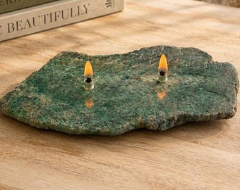 Madagascar Chrysocolla 2 Wick Stone Candle, Natural Edge Refillable Oil Lamp