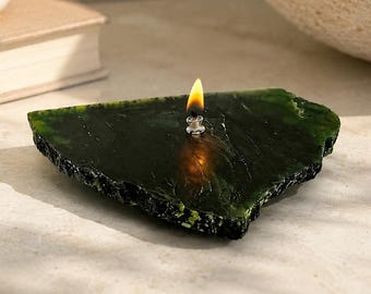 Unpolished Nephrite Jade Rock Oil Candle, Natural Green Stone Lamp, Refillable Rustic Decor