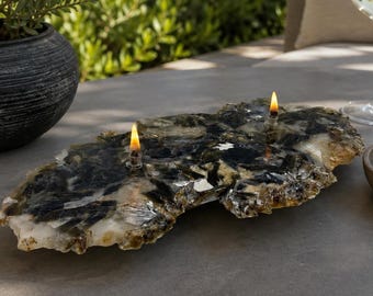 Natural Crystal Rock Oil Candle – Silver Brown Mineral Stone, 2 Wick Refillable Lamp