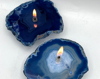 Rock Candle. Set Of (2) Blue Agate Rock Oil Candle Lamps for table decor, centerpiece, as unique home decor, housewarming or gift for her.