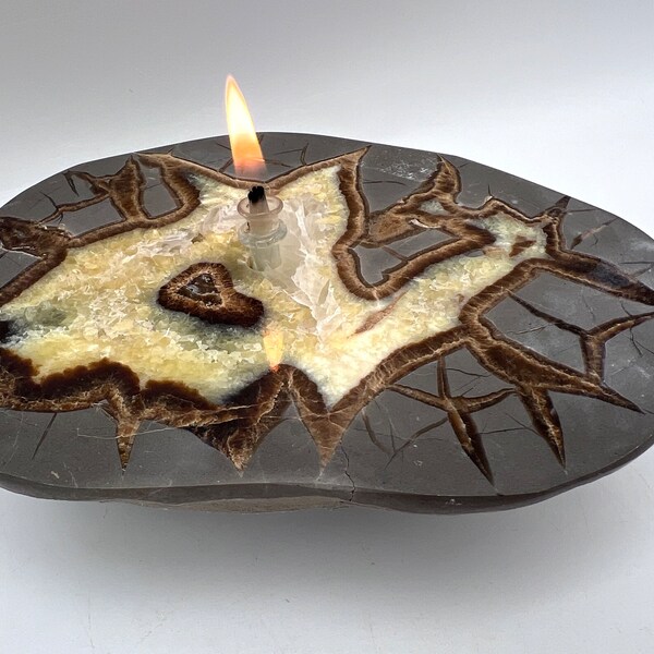 Septarian Dragon Stone Rock Oil Candle Lamp. Handmade Septarian Nodule perfect for a unique gift for birthday, housewarming or home decor.