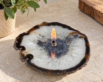 Vela de aceite de ágata gris natural: Lámpara de cristal con kit de inicio. Caja de regalo opcional.