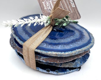 Blue Brazilian Agate Coasters With Natural Edge, Set of 4. Perfect barware for home decor, housewarming, hostess gift or birthday.