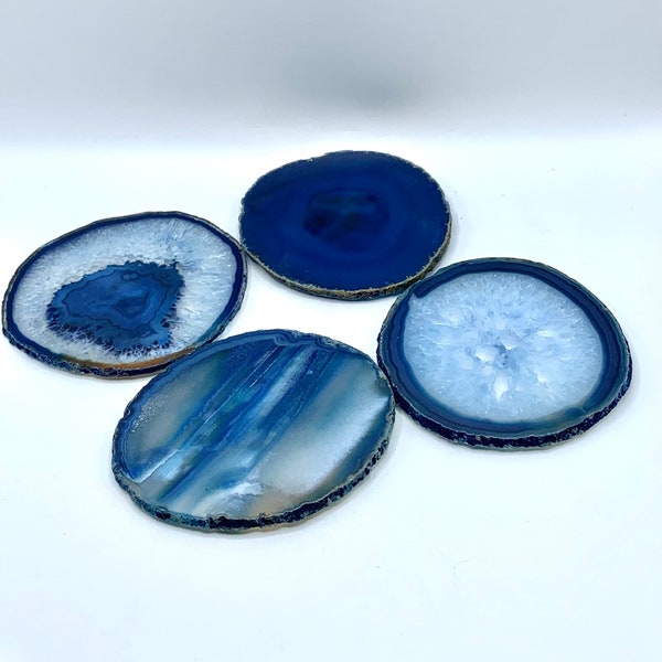 Agate Stone Coasters,  Blue Brazilian Agate Stone Coasters, Set of 4 Blue Agate Slice Drink Coasters, Unique Barware, Stone Home Decor,