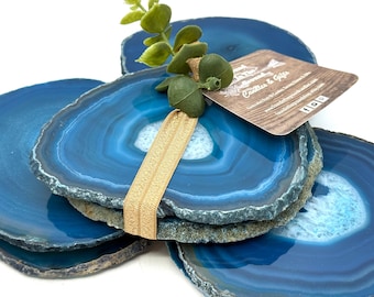 Gift-ReadyTeal Agate Coasters – Set of 2 | 5” Polished Stone Gift Set with Furniture-Safe Pads