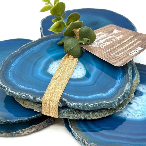 Gift-ReadyTeal Agate Coasters – Set of 2 | 5” Polished Stone Gift Set with Furniture-Safe Pads