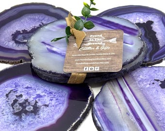 Posavasos de ágata púrpura listos para regalar – Juego de 2 / 12,7 cm (5 pulgadas) de piedra pulida con almohadillas que no dañan los muebles