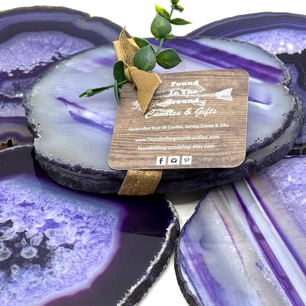 Gift-Ready Purple Agate Coasters – Set of 2 | 5” Polished Stone with Furniture-Safe Pads