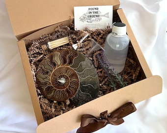Madagascar Half Ammonite Fossil Rock Oil Candle Gift Set