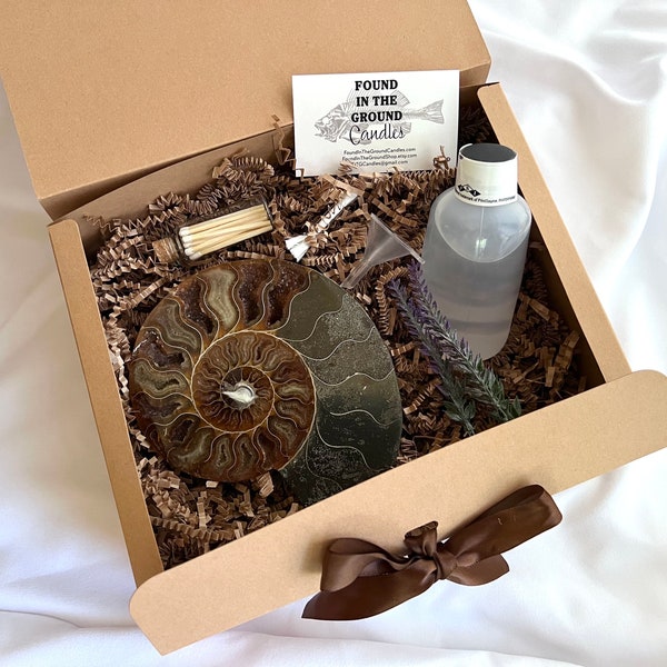 Fossil Rock Oil Candle Gift Box. Madagascar Half Ammonite Oil Candle Lamp Gift Set. Perfect gift for rock hound, fossil lover or naturalist.