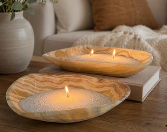 Refillable Yellow Onyx Candle Bowl | Stone Centerpiece with Pearled Wax