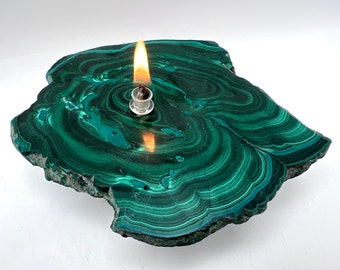 Green Polished Malachite Oil Lamp. Stone candles are unique gifts for candle lovers and rock enthusiasts, Mother’s Day, birthday gift idea.