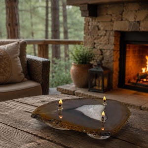 May include: A polished, irregular slice of brown and white agate stone featuring three small, lit oil lamp wicks embedded in the surface. The stone has a natural, rough, dark brown outer edge and a smooth, translucent, light-colored center.