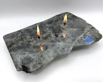 Madagascar Labradorite 2 Wick Rock Oil Candle. This beautiful, natural rock oil candle with iridescent flash is perfect for a unique gift.