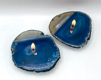Set Of (2) Teal Agate Rock Oil Candle Lamps. Add to table decor or centerpiece, as unique home decor or housewarming gift.