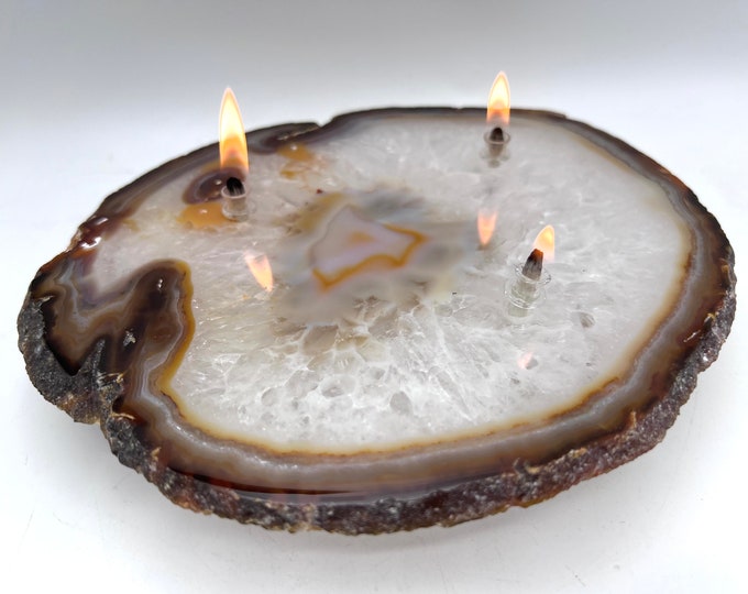 Large Agate Rock Candle. Natural Brazilian 3 Wick Agate Oil Lamp is a unique gift for birthday, housewarming, Mother’s Day or gift for her.