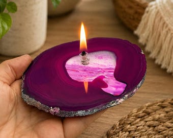 Handmade Pink Agate Oil Lamp, Refillable Candle, Home Decor Gift