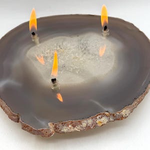 Extra Large Gray Agate 3-Wick Oil Candle Lamp – Includes Starter Oil Pack | Natural Crystal Home Decor | Unique Gift Idea