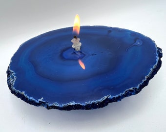 Large Blue Agate Oil Candle Lamp. Rock candles are a unique gift for a candle lover or rock hound, Mother’s Day gift or birthday gift.