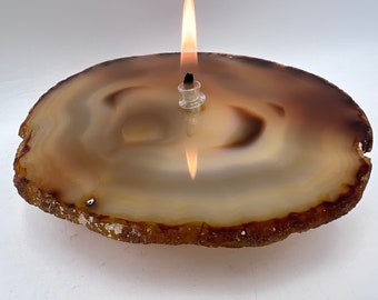 Interesting Natural Brazilian Agate Oil Candle Lamp. Orange agate lamp with brown banding perfect unique gift for housewarming or birthday.