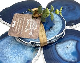 Blue Agate Coasters with Silver Edge - Set of 2 - Polished Stone