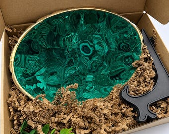 Natural Malachite Bowl with Gold Edge | Polished Gemstone Catchall Decor