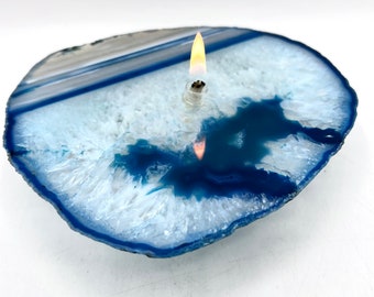 Teal Agate Oil Lamp. Polished teal agate slice rock oil candle. Unique handmade home decor gift for candle lover or rock hound.