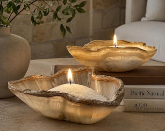 Refillable Onyx Candle Bowl | Stone Centerpiece with Pearled Wax