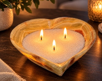 Sand Wax Candle Onyx Heart Bowl | Refillable Stone, Luxury Pearled Wax Container