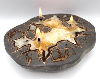 Large Rock Candle. Handmade Utah Septarian Dragon Stone 3 Wick Oil Candle is perfect for home decor, table centerpiece, unique gift for her.