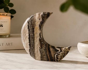 Mexican Banded Onyx Crescent Moon Sculpture – Hand Carved Natural Stone Decor