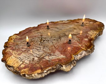 Indonesian Petrified Wood 4 Wick Oil Candle Lamp. Handmade rock candle, a unique gift for him, housewarming, birthday or home decor gift.
