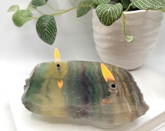 Fluorite 2 Wick Rock Oil Lamp. Uniquely beautiful purple green yellow fluorite candle for birthday, housewarming or gift or gift for her.