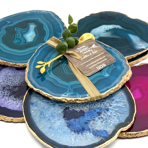 Extra Large Gold Edge Agate Slice with Stand: Gift Boxed Coaster