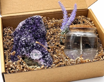 Amethyst Cluster Set with Amethyst Gel Candle –Crystal Home Decor- Lavender or Vanilla Scent