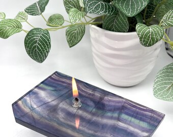 Purple Green Rainbow Fluorite Rock Oil Candle. Fluorite oil lamp candle perfect for housewarming, birthday or rock collector gift.