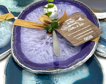 Extra Large Silver Edge Agate Slice with Stand: Gift Boxed Coaster