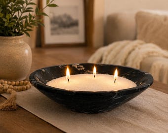 Refillable Black Orthoceras Fossil Candle Bowl | Luxury Stone Pearled Sand Wax Centerpiece