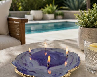 Purple Agate 4 Wick Oil Candle Lamp with Gold Edge: Unique Home Decor.