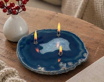 Blue Agate Crystal Oil Candle – Handmade Stone Lamp, 3-Wick
