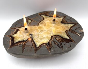 Utah Septarian Dragon Stone 2 Wick Oil Candle Lamp. Handmade rock oil candle perfect for home decor, birthday, housewarming or gift for him.