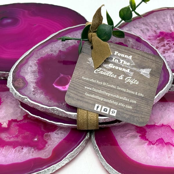 Pink Agate Coasters with Silver Edge - Polished Stone Set of 2