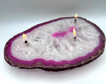 Large Pink Agate Rock Oil Lamp. Handmade 3 wick agate oil candle is unique gift for Mother’s Day, birthday, housewarming or gift for her.