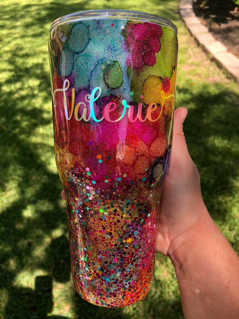 Custom Rainbow Glitter Tumbler Watercolor Epoxy Tumblers Etsy