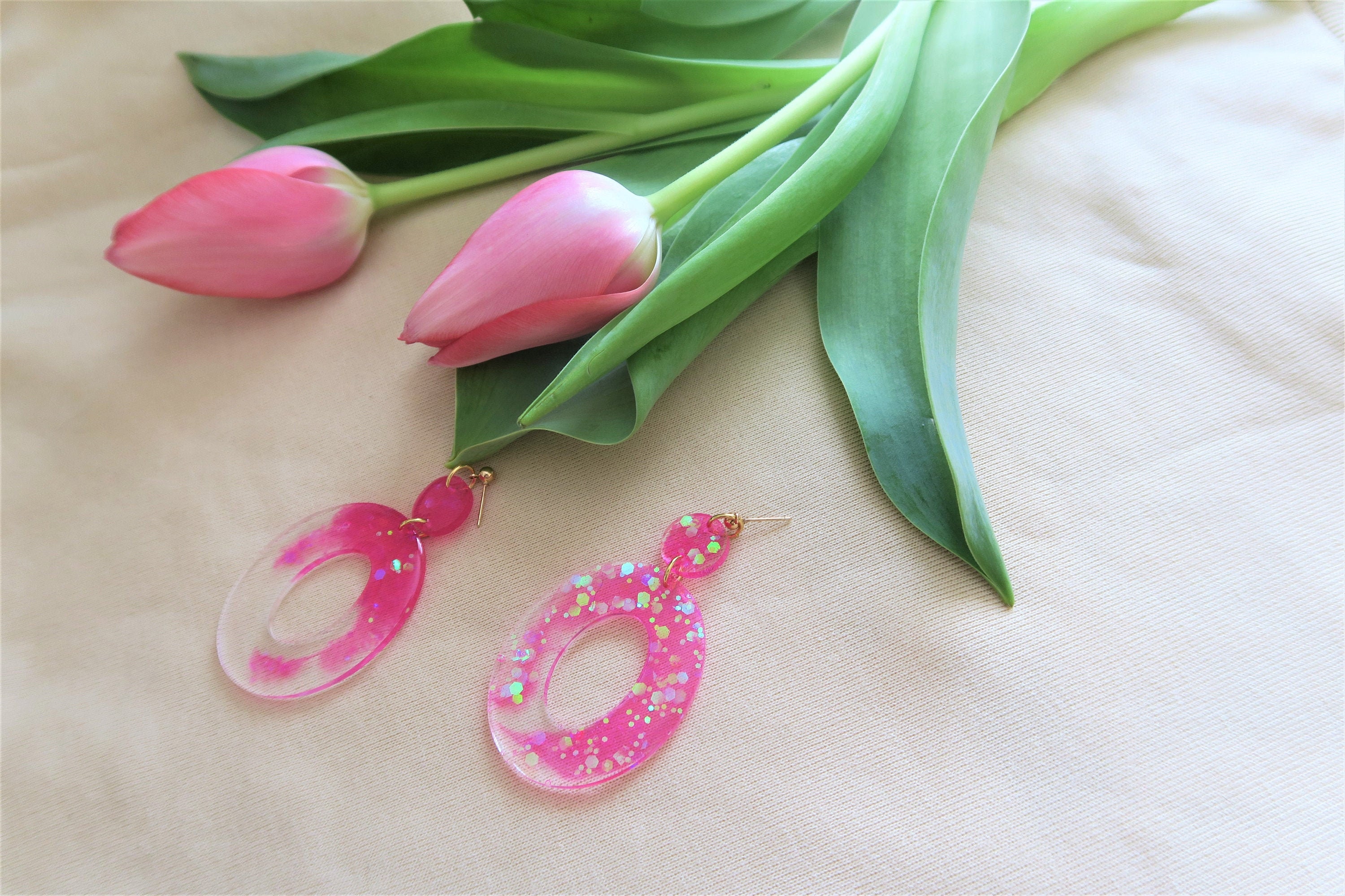 Pink resin earrings with glitter and sparkles Etsy