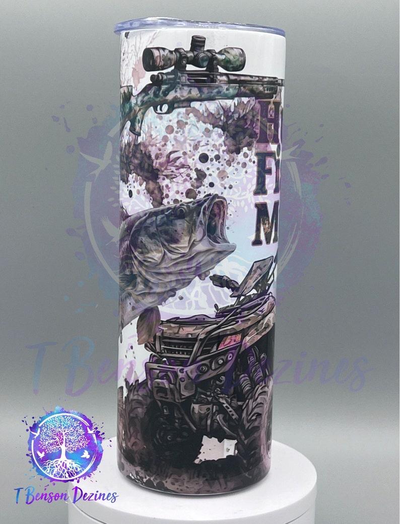 Huntin Fishin Muddin 4 Wheeler Fishing pole Shot Gun Stainless Steel Sublimation 20oz/30oz cup Straight Drinking Tumbler. image 2