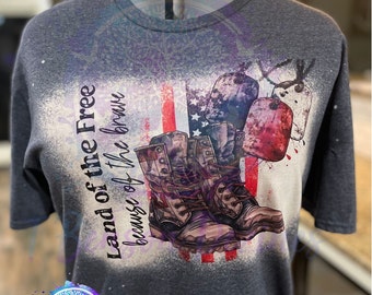 America Freedom Military Soldier  "Land of the Free Because of the Brave" Sublimation Bleached Shirt Womens, Men's, Unisex Graphic Shirt